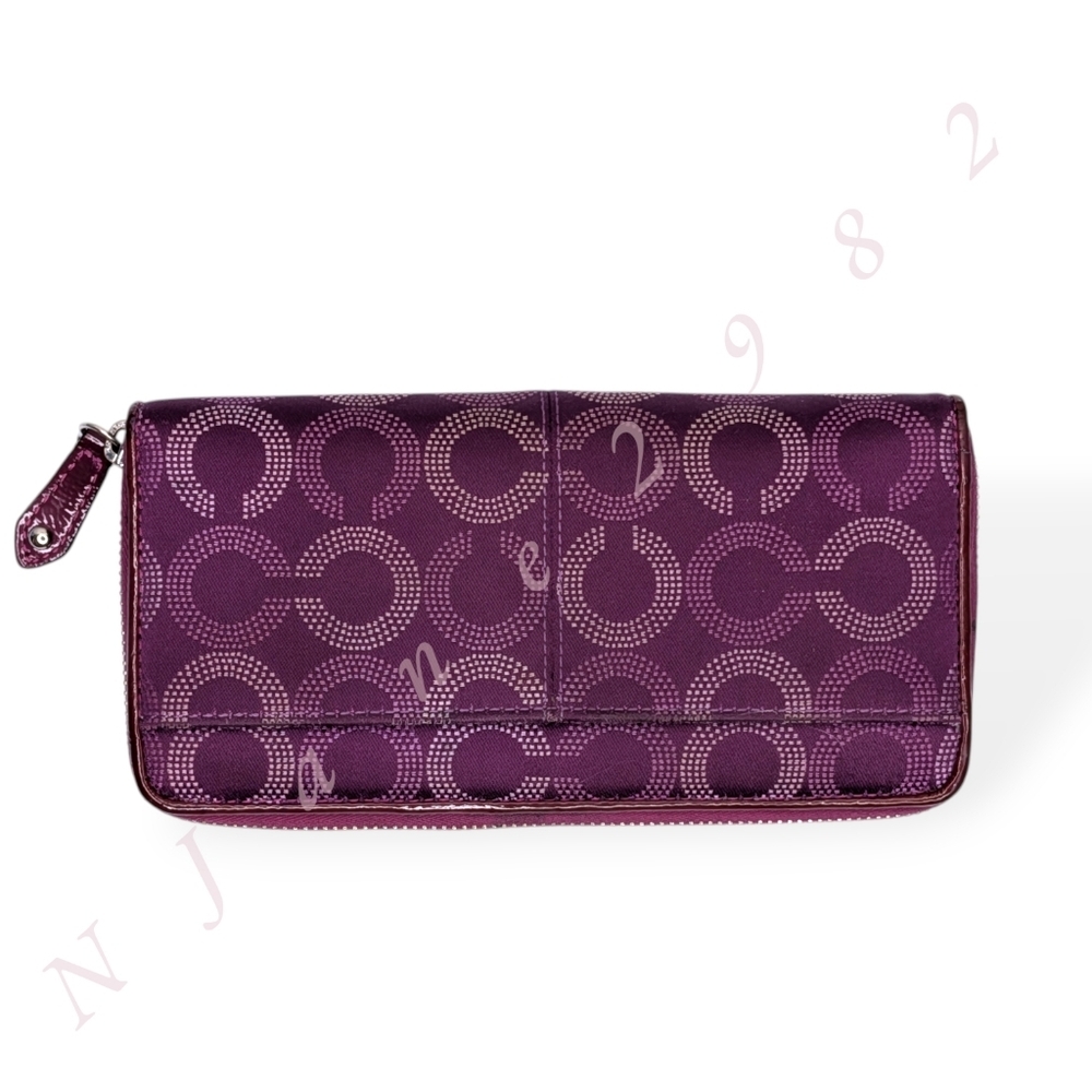 Coach Ashley Op Art Dotted Signature C Zip Around Accordion Wallet Purple Satin - Picture 2 of 16